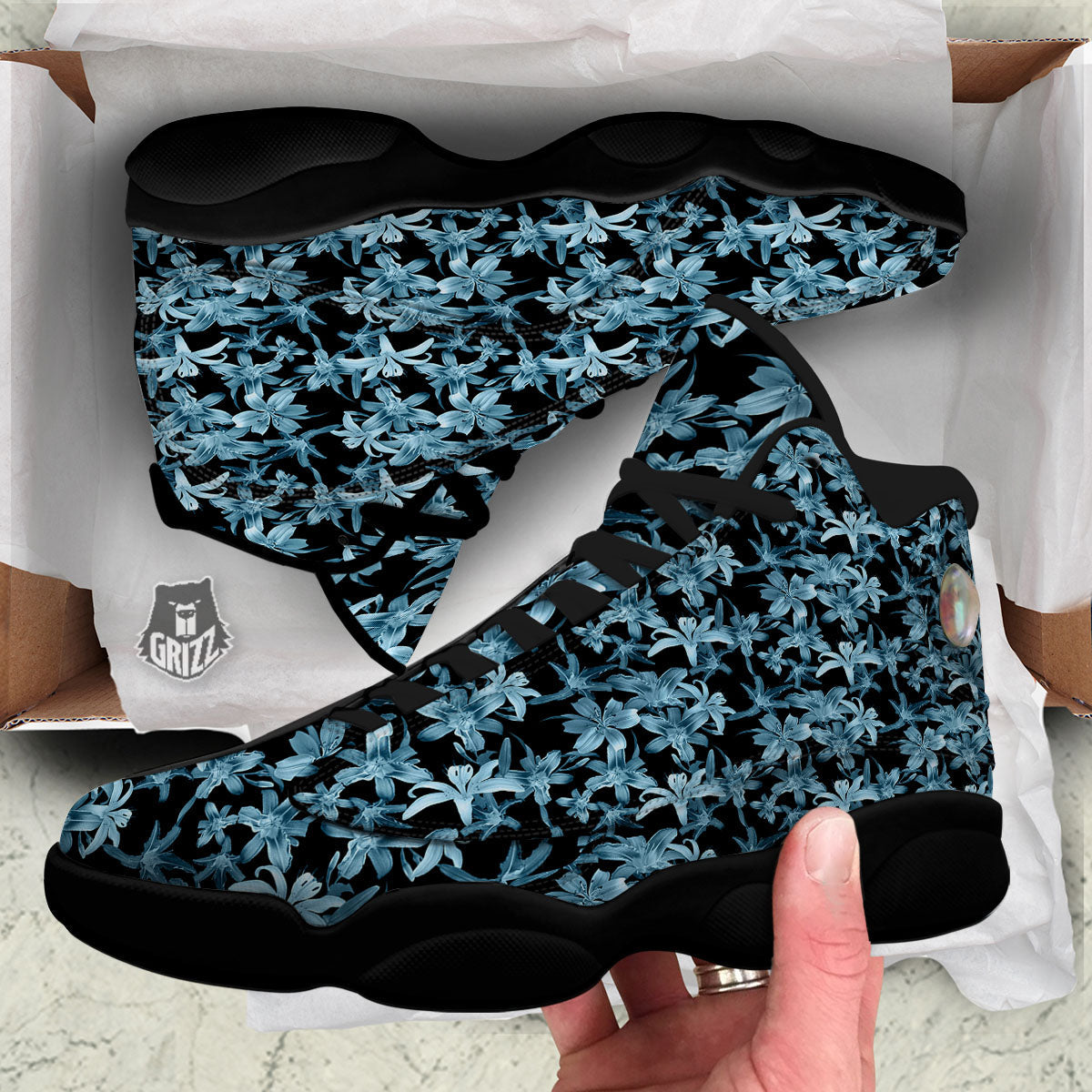 Tropical Blossom Blue Print Pattern Black Basketball Shoes-grizzshop