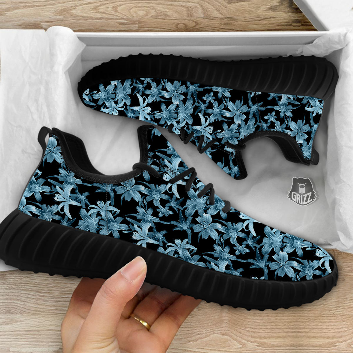 Tropical Blossom Blue Print Pattern Black Walking Shoes-grizzshop