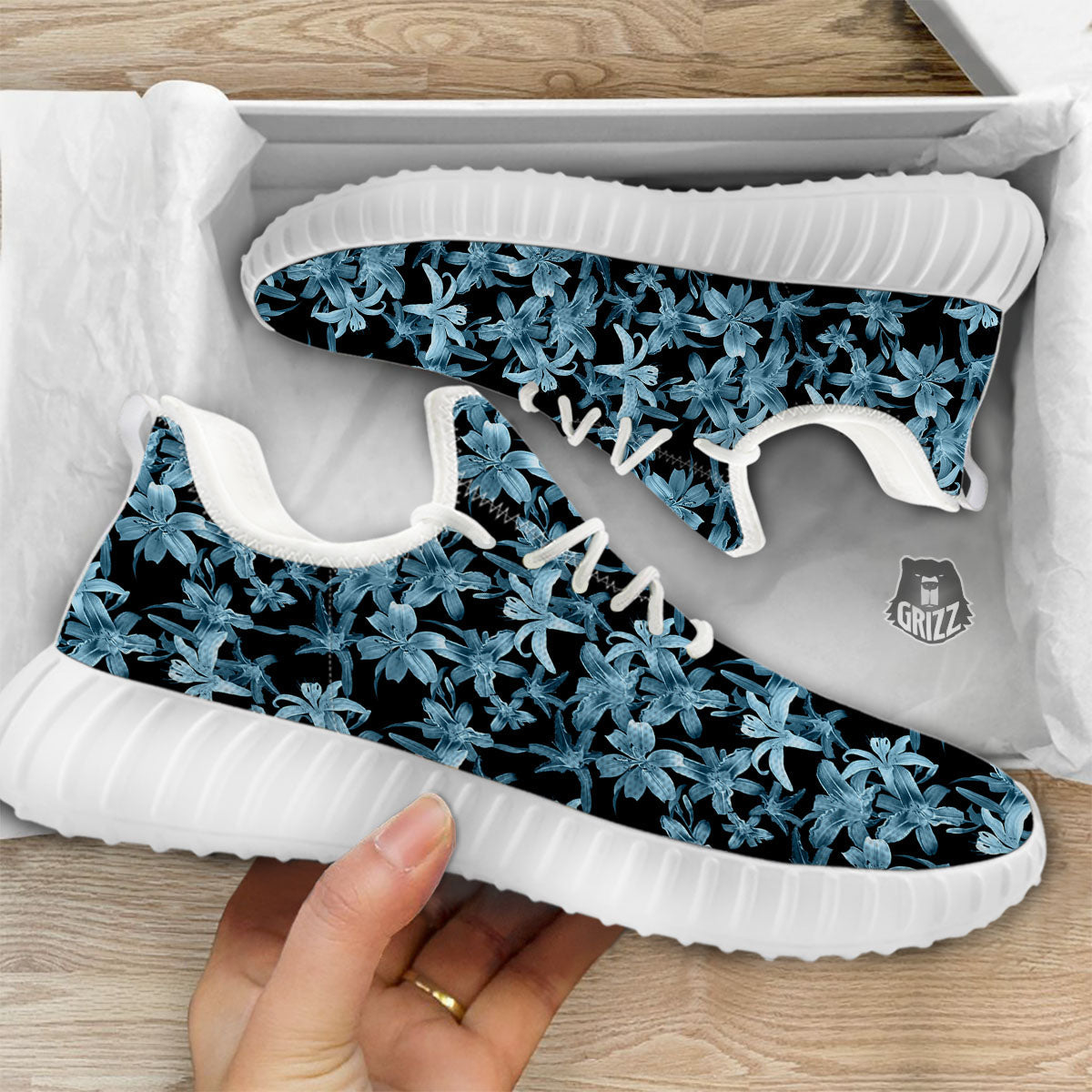 Tropical Blossom Blue Print Pattern White Walking Shoes-grizzshop