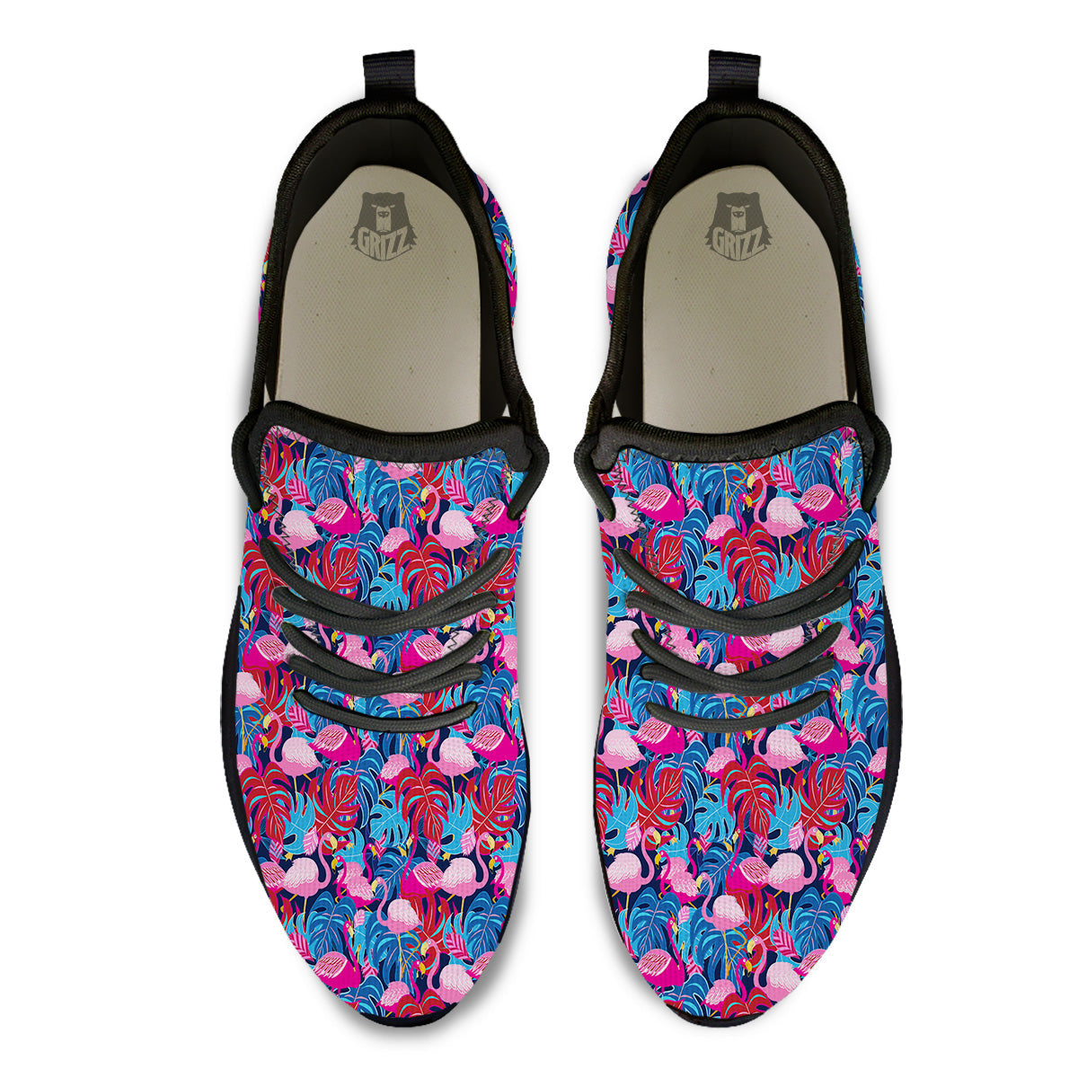 Tropical Blue And Pink Flamingo Print Black Athletic Shoes-grizzshop