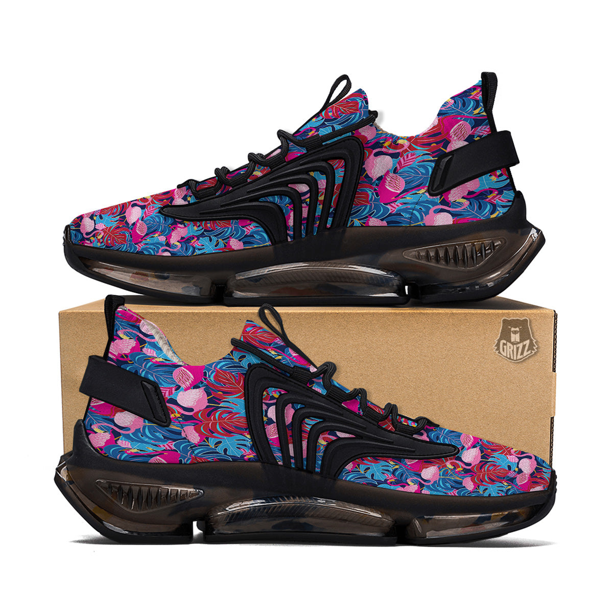 Tropical Blue And Pink Flamingo Print Black Gym Shoes-grizzshop