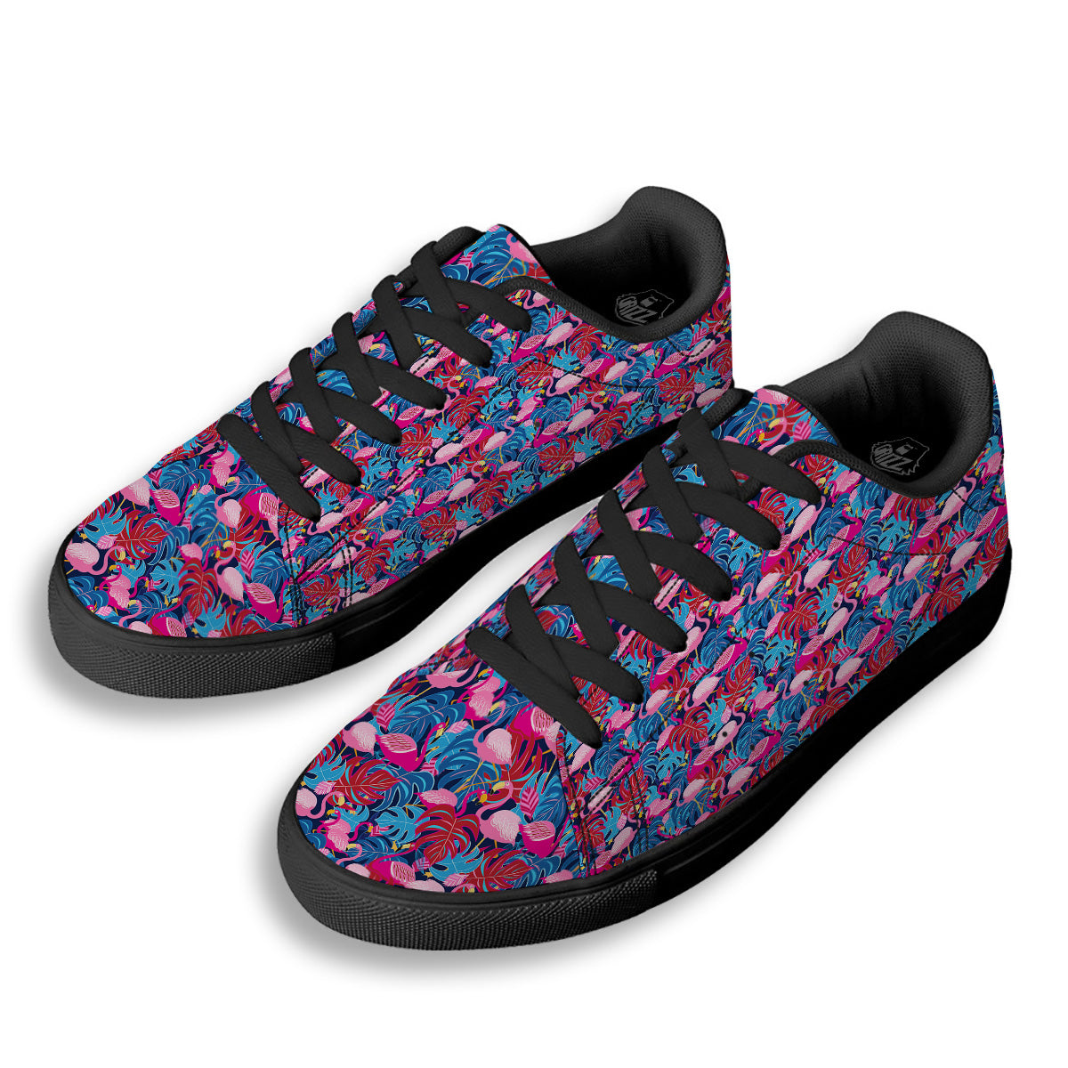 Tropical Blue And Pink Flamingo Print Black Low Top Sneakers-grizzshop
