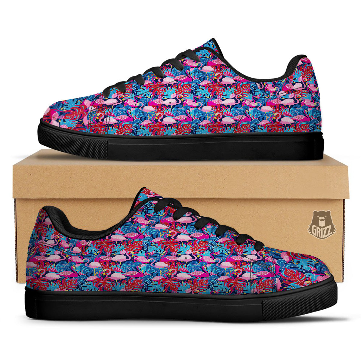 Tropical Blue And Pink Flamingo Print Black Low Top Sneakers-grizzshop