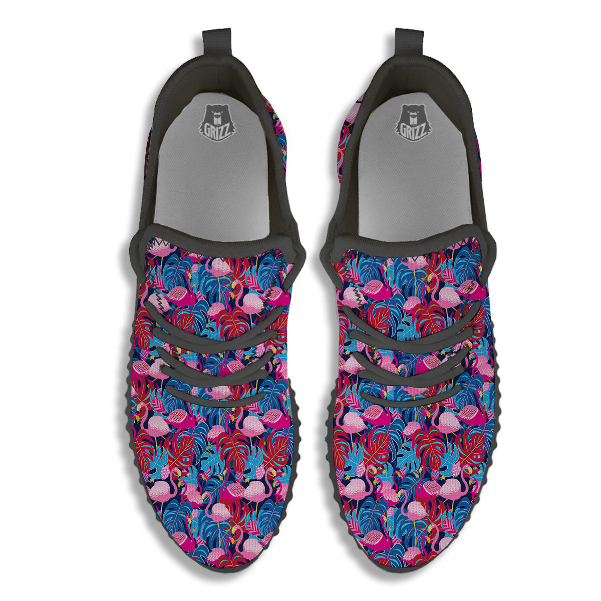 Tropical Blue And Pink Flamingo Print Black Walking Shoes-grizzshop