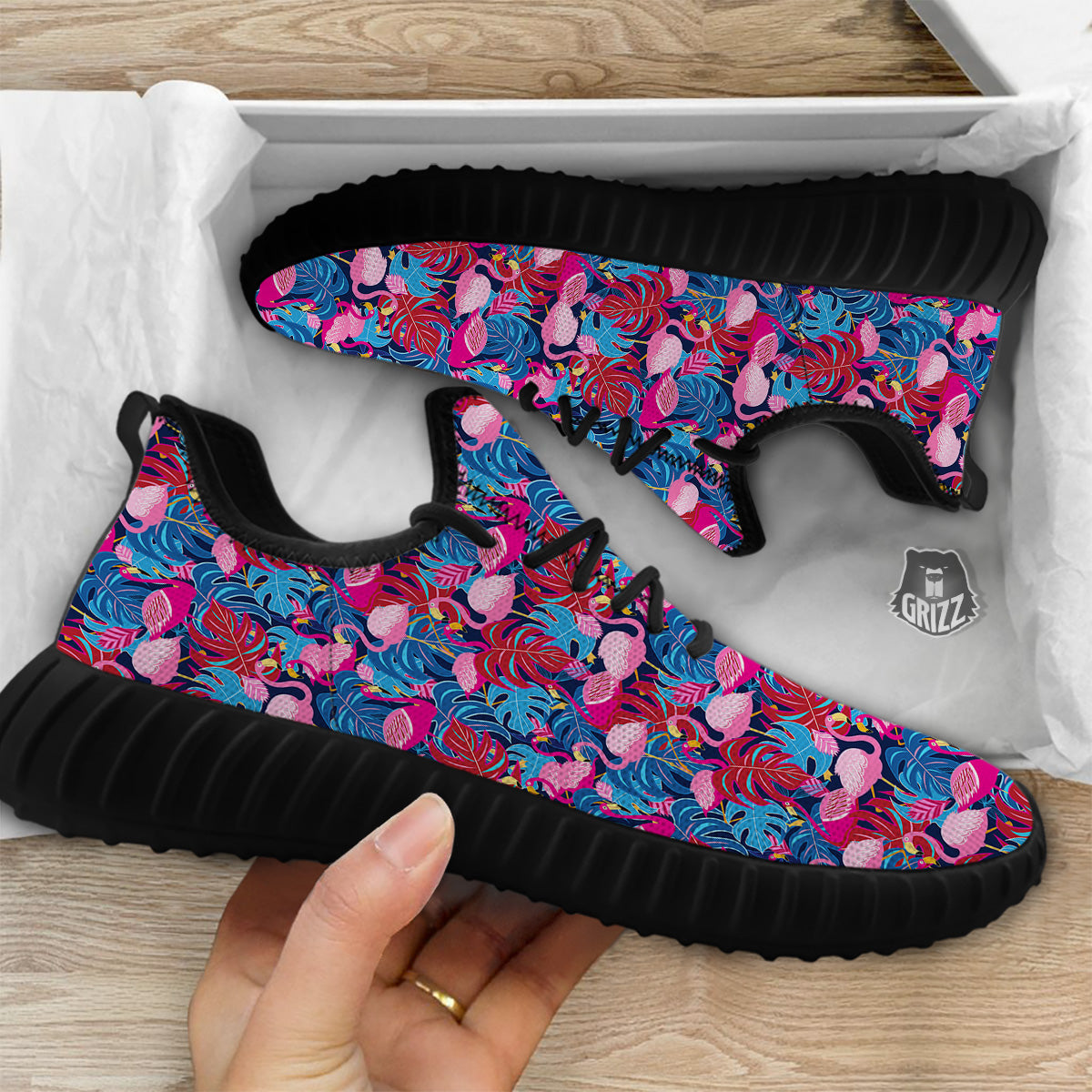 Tropical Blue And Pink Flamingo Print Black Walking Shoes-grizzshop