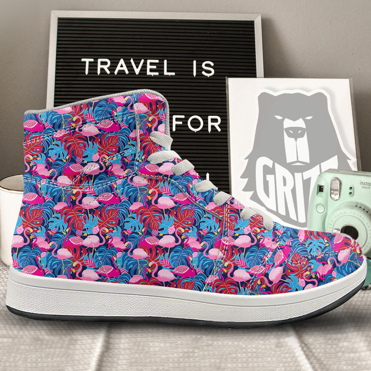 Tropical Blue And Pink Flamingo Print High Top Sneakers-grizzshop