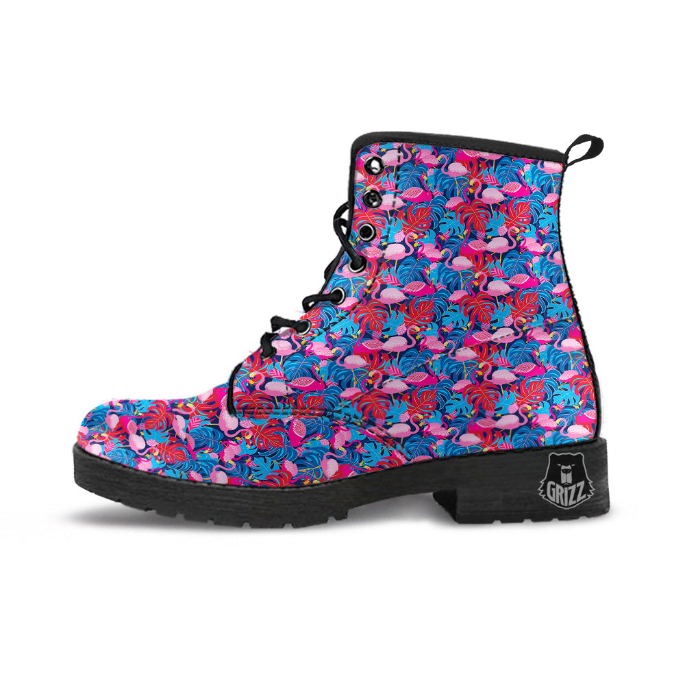 Tropical Blue And Pink Flamingo Print Leather Boots-grizzshop