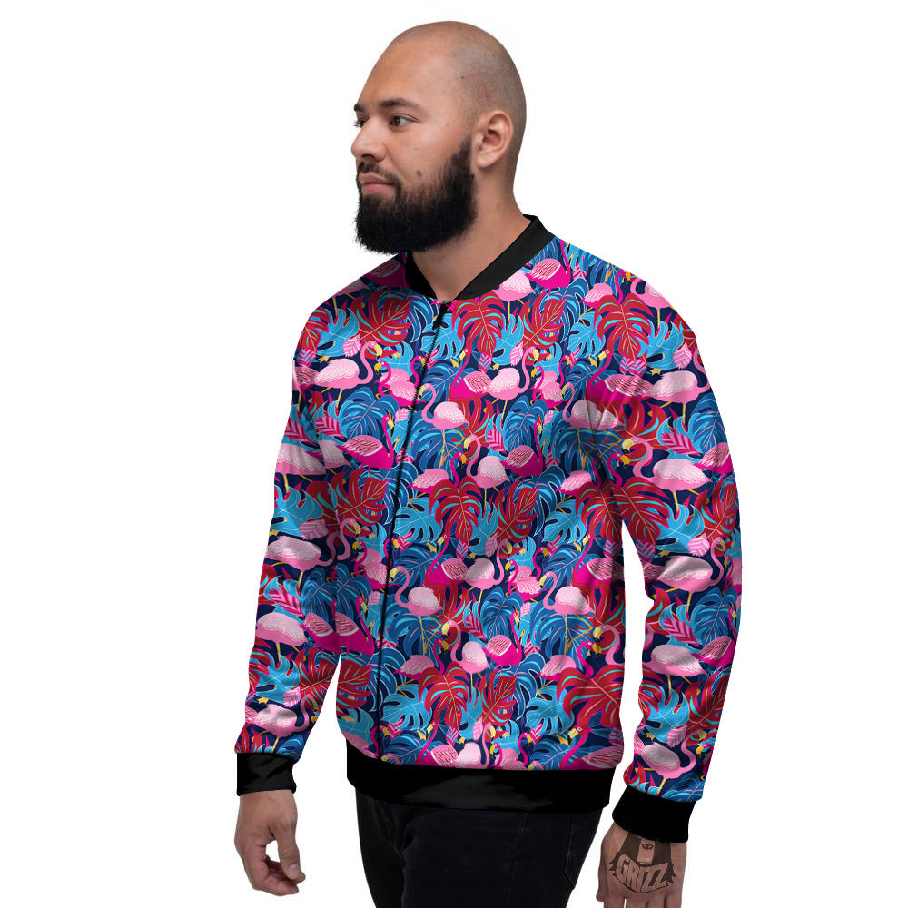 Tropical Blue And Pink Flamingo Print Men's Bomber Jacket-grizzshop