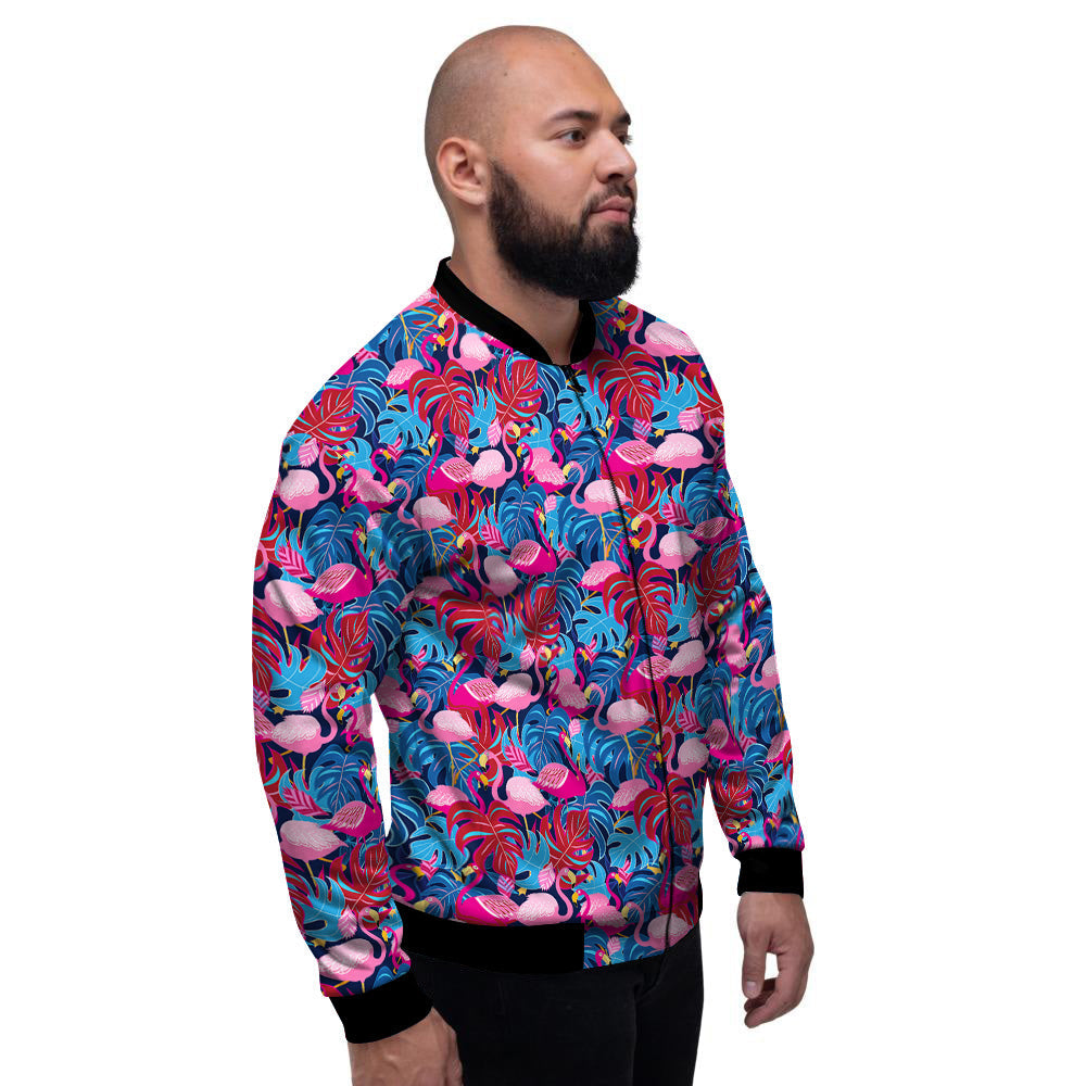Tropical Blue And Pink Flamingo Print Men's Bomber Jacket-grizzshop