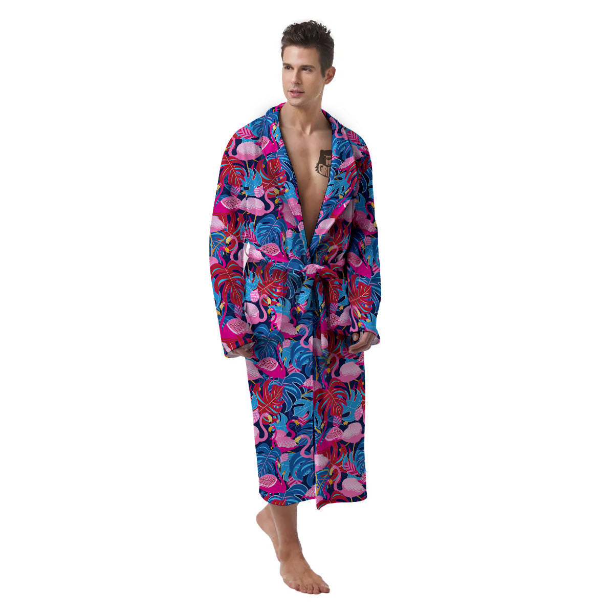 Tropical Blue And Pink Flamingo Print Men's Robe-grizzshop