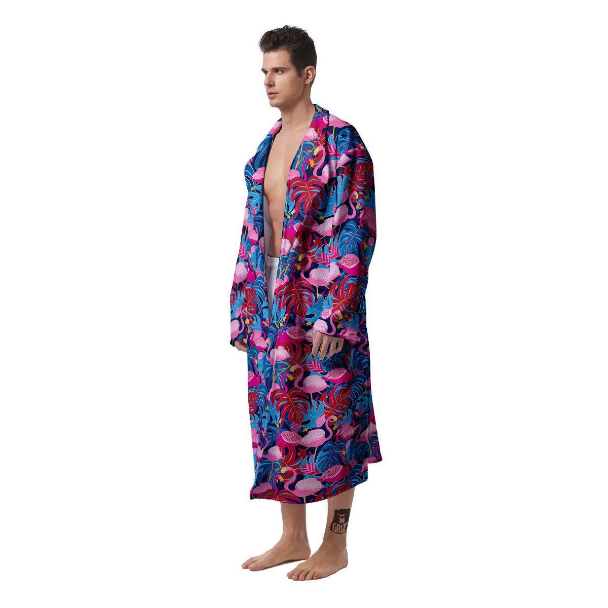 Tropical Blue And Pink Flamingo Print Men's Robe-grizzshop