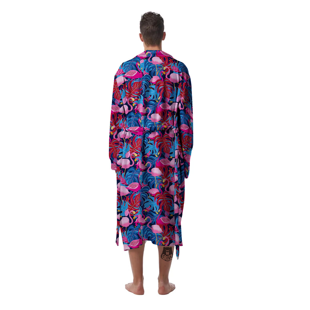 Tropical Blue And Pink Flamingo Print Men's Robe-grizzshop