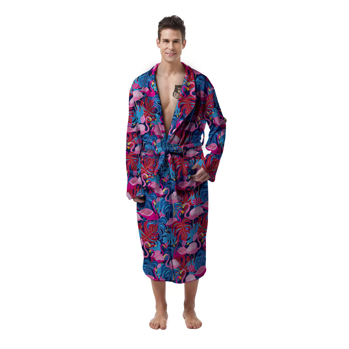 Tropical Blue And Pink Flamingo Print Men's Robe-grizzshop