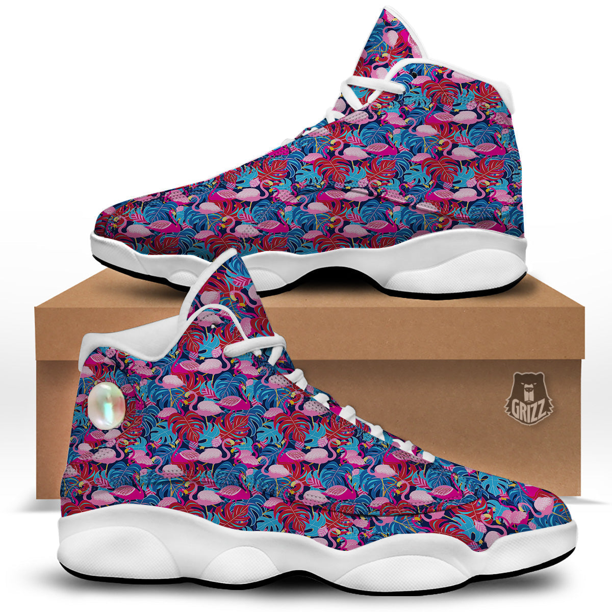 Tropical Blue And Pink Flamingo Print White Basketball Shoes-grizzshop