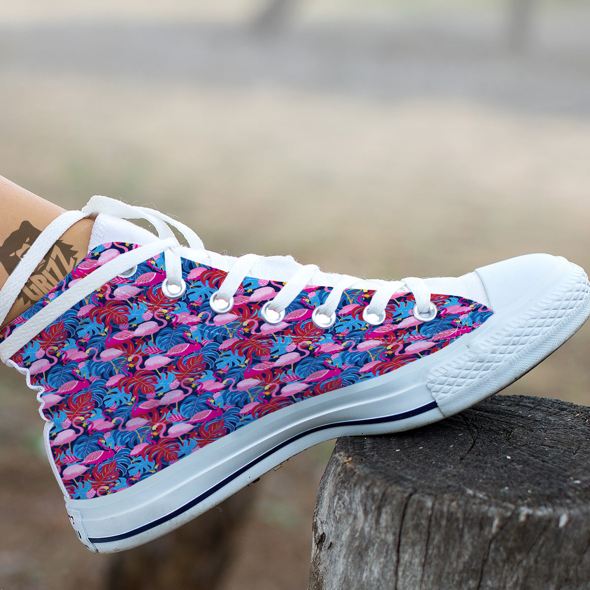 Tropical Blue And Pink Flamingo Print White High Top Shoes-grizzshop