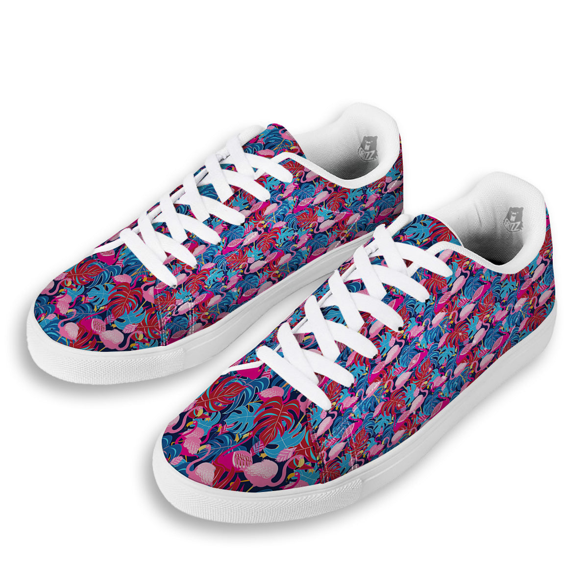 Tropical Blue And Pink Flamingo Print White Low Top Sneakers-grizzshop