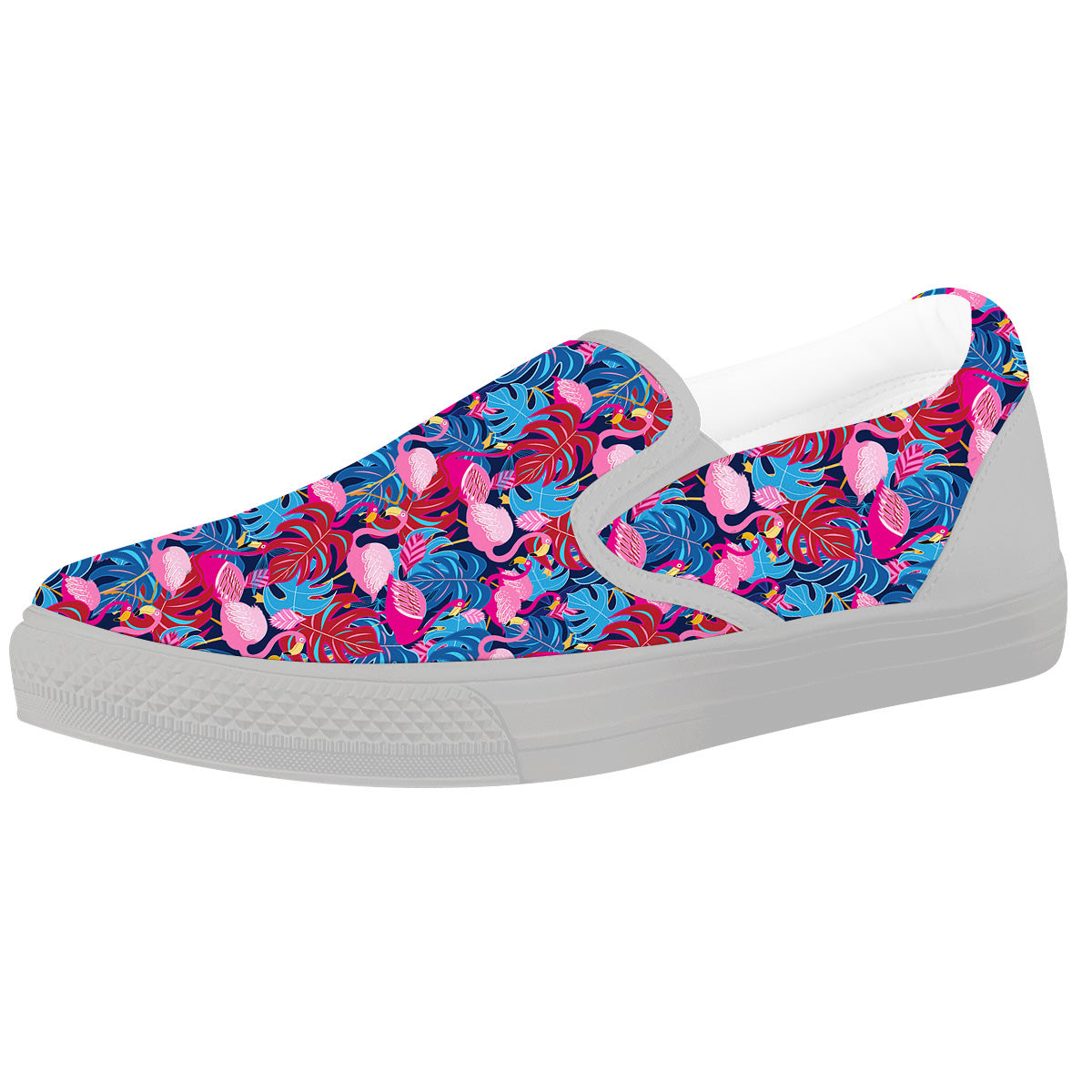 Tropical Blue And Pink Flamingo Print White Slip On Shoes-grizzshop