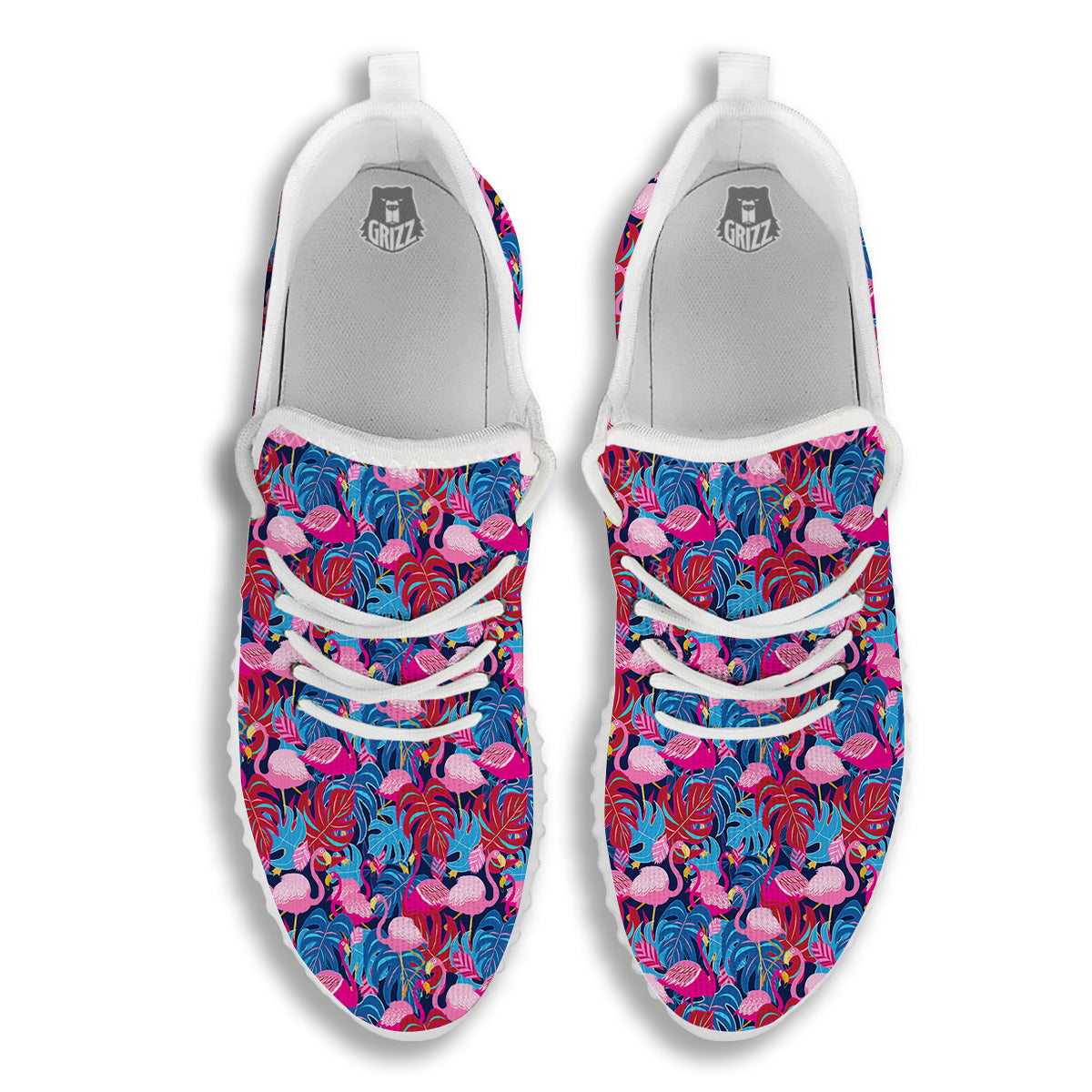Tropical Blue And Pink Flamingo Print White Walking Shoes-grizzshop