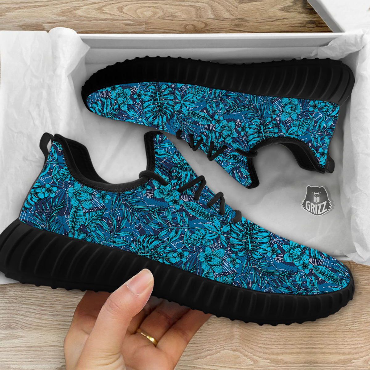 Tropical Blue Hawaiian Print Pattern Black Walking Shoes-grizzshop