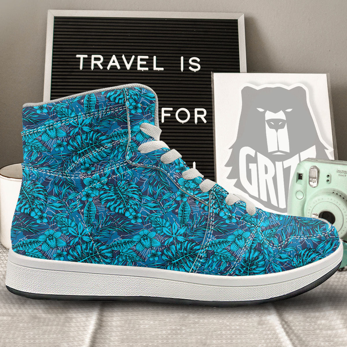 Tropical Blue Hawaiian Print Pattern High Top Sneakers-grizzshop