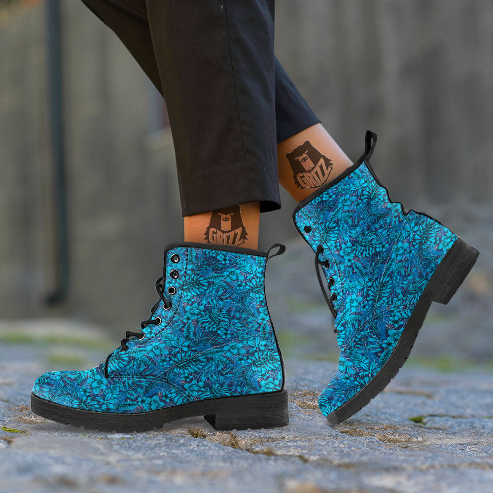 Tropical Blue Hawaiian Print Pattern Leather Boots-grizzshop