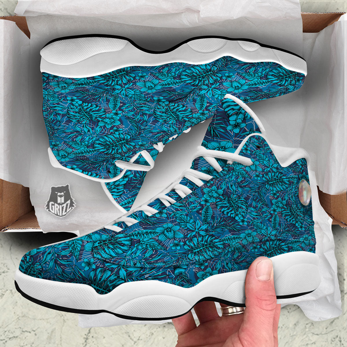 Tropical Blue Hawaiian Print Pattern White Basketball Shoes-grizzshop