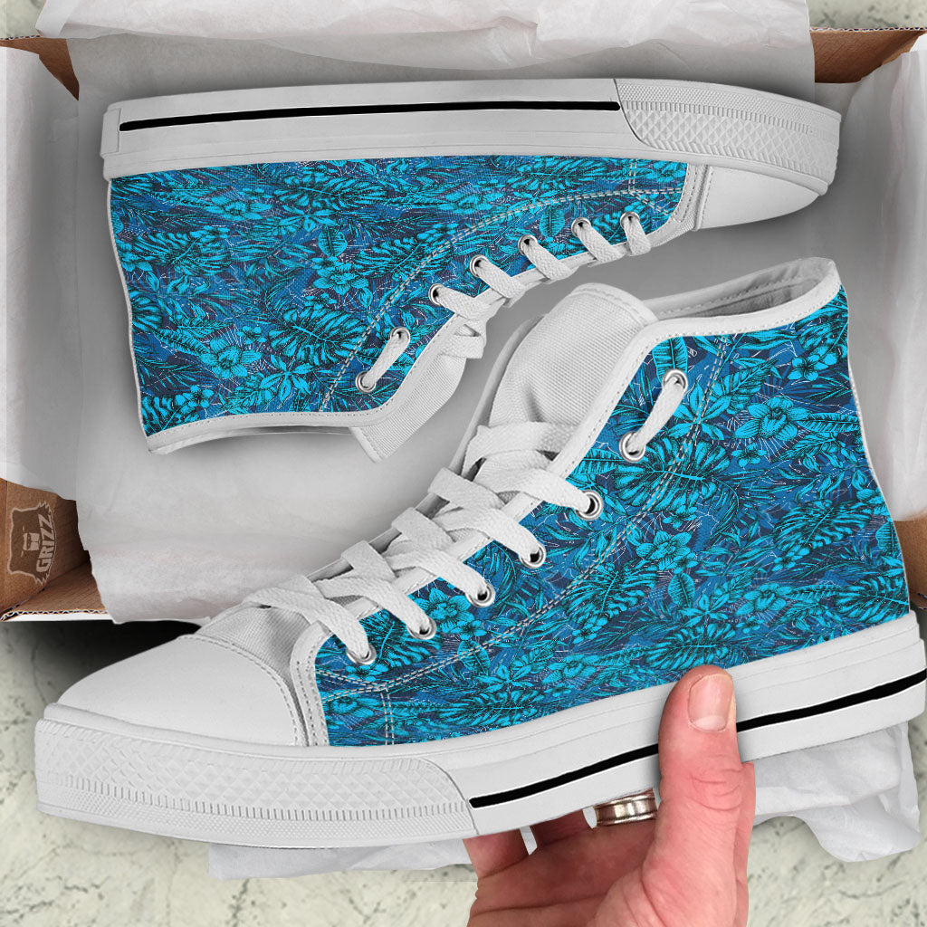 Tropical Blue Hawaiian Print Pattern White High Top Shoes-grizzshop