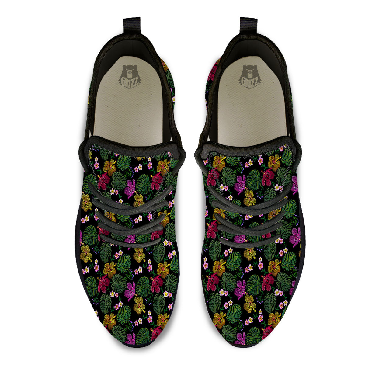 Tropical Embroidery Print Pattern Black Athletic Shoes-grizzshop