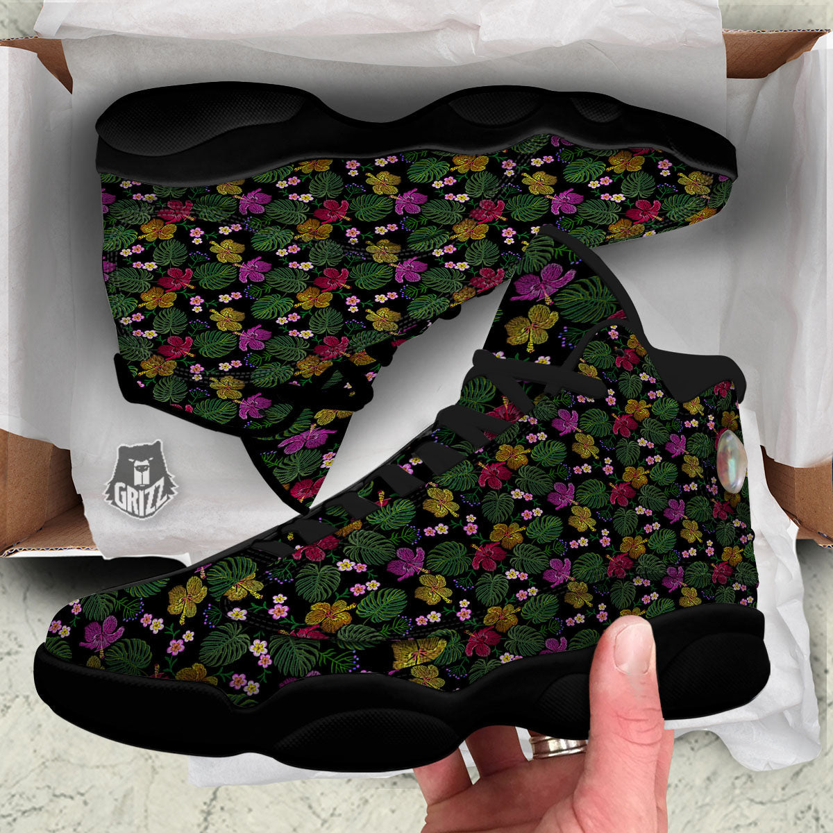 Tropical Embroidery Print Pattern Black Basketball Shoes-grizzshop