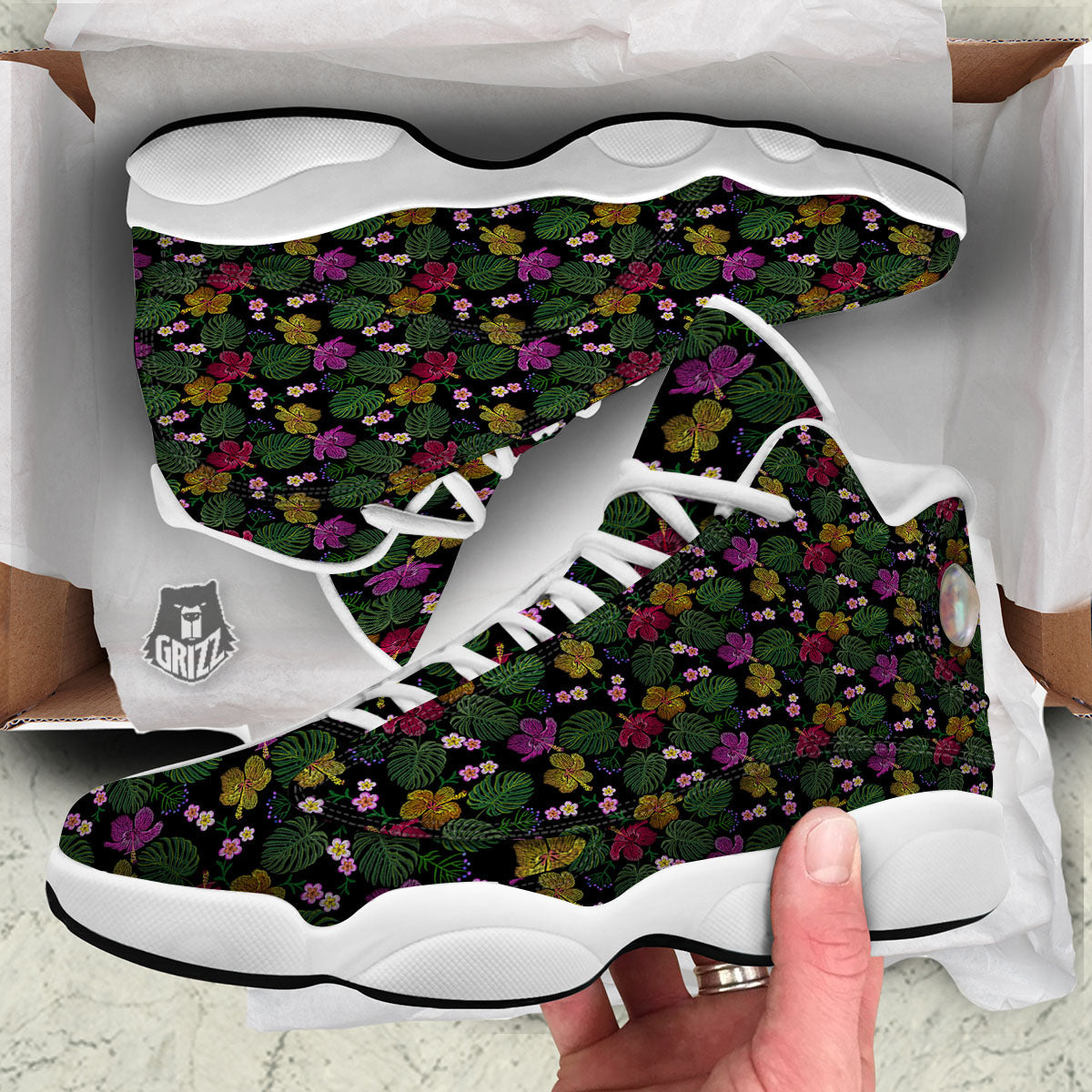 Tropical Embroidery Print Pattern White Basketball Shoes-grizzshop