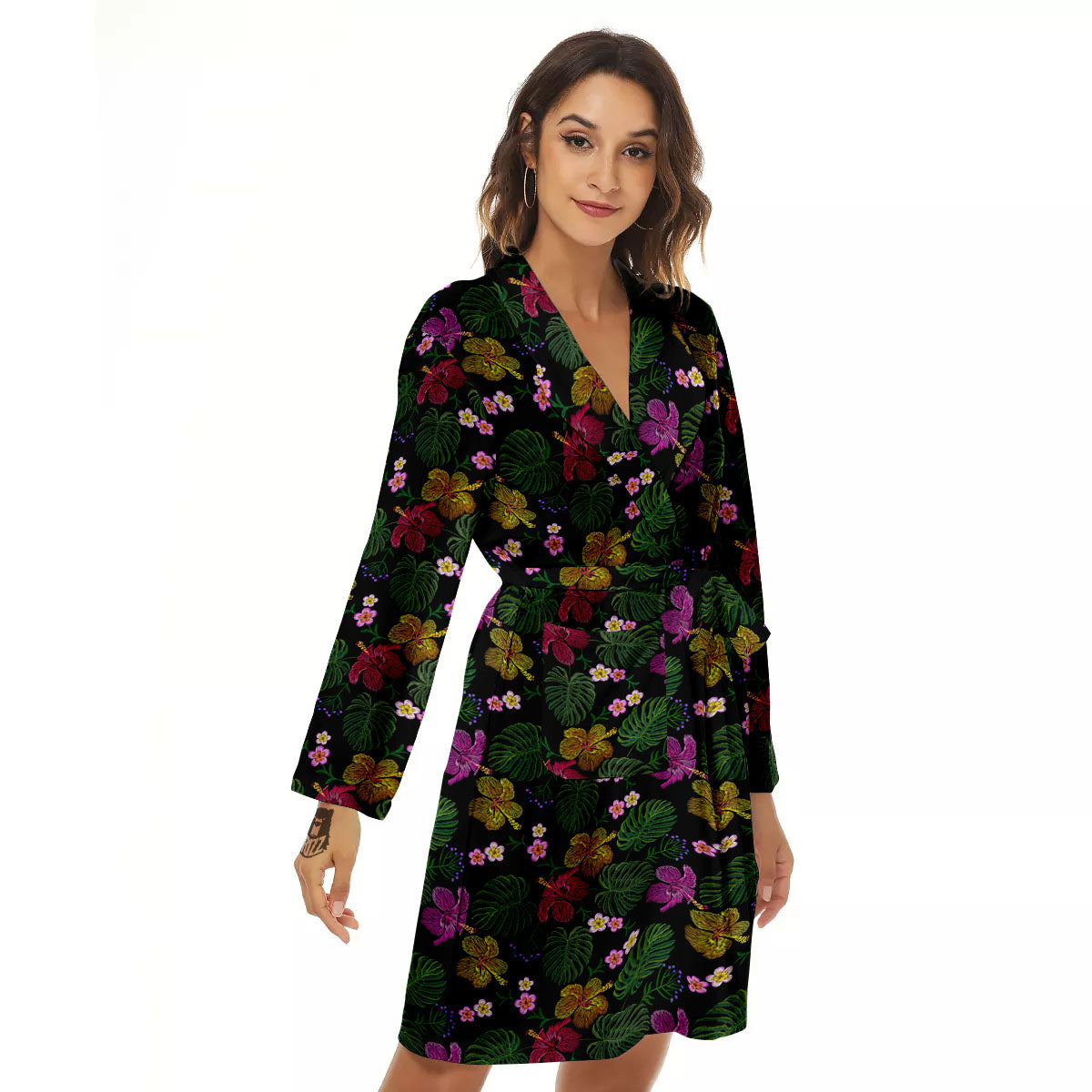Tropical Embroidery Print Pattern Women's Robe-grizzshop