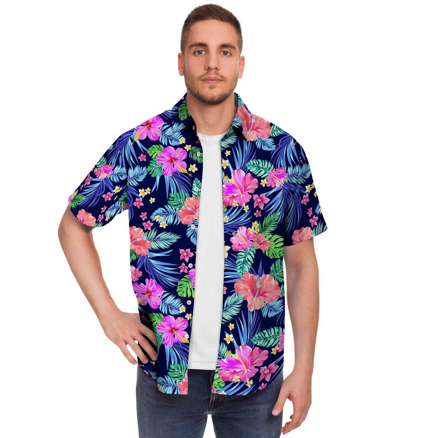Tropical Exotic Flowers Hibiscus Hawaiian Print Men's Short Sleeve Shirt-grizzshop