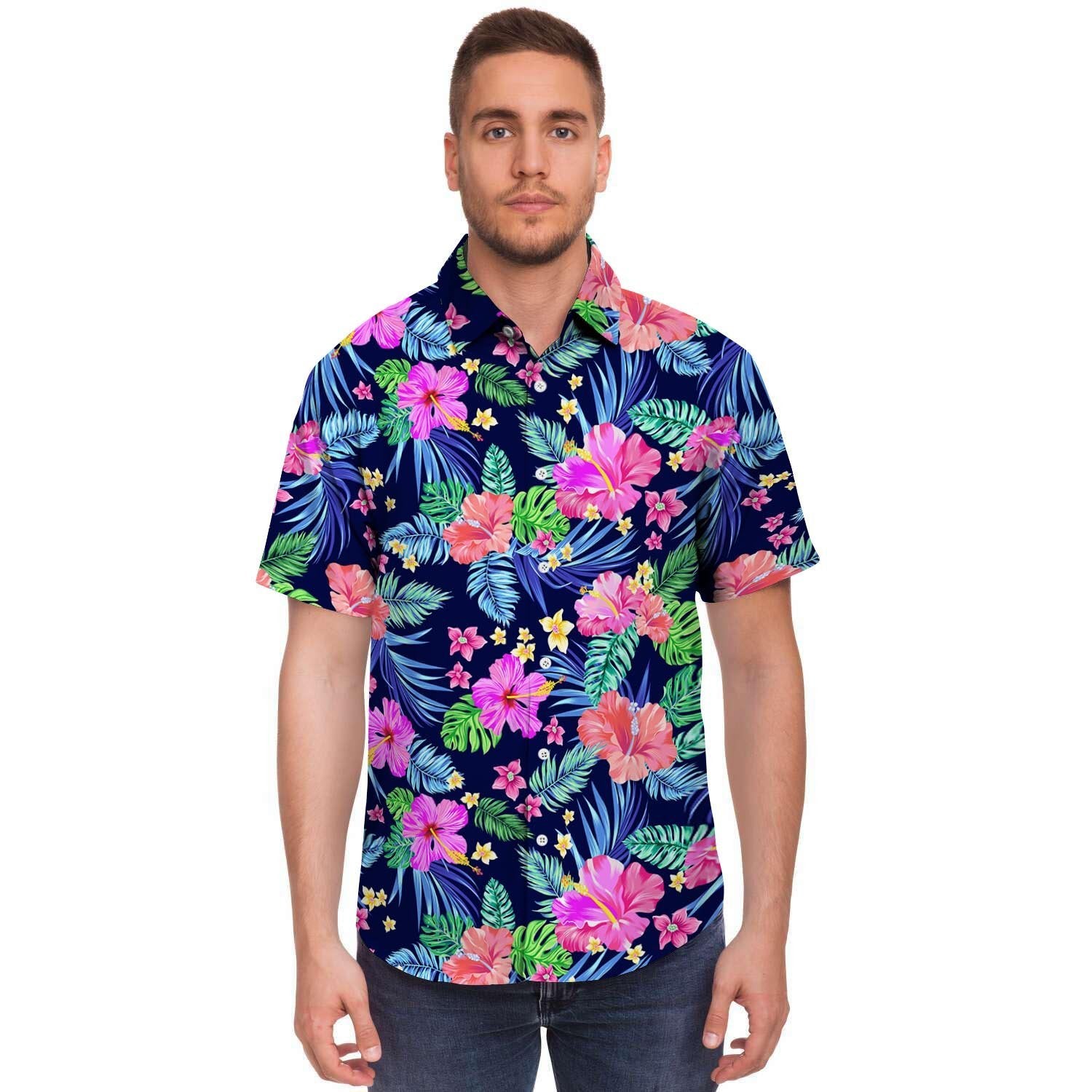 Tropical Exotic Flowers Hibiscus Hawaiian Print Men's Short Sleeve Shirt-grizzshop