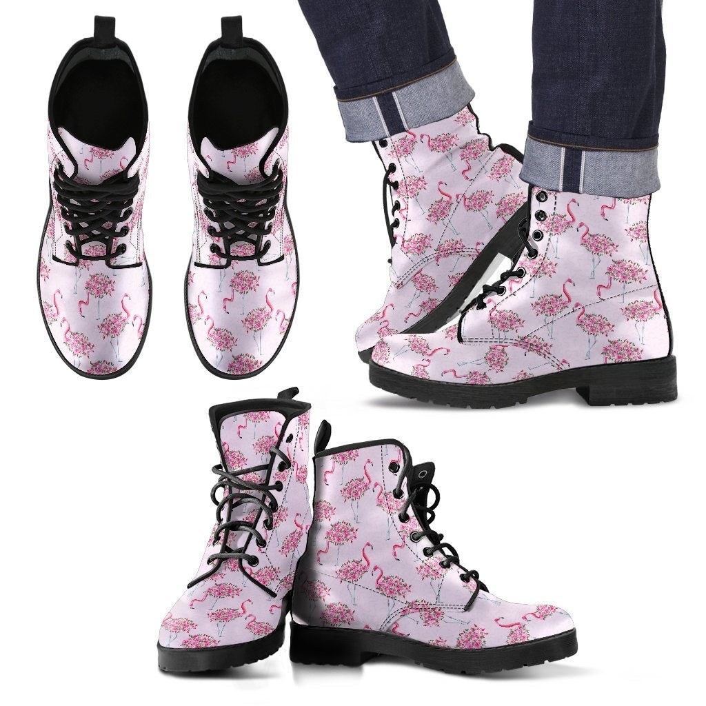 Tropical Flamingo Hawaiian Floral Pattern Print Men Women Leather Boots-grizzshop