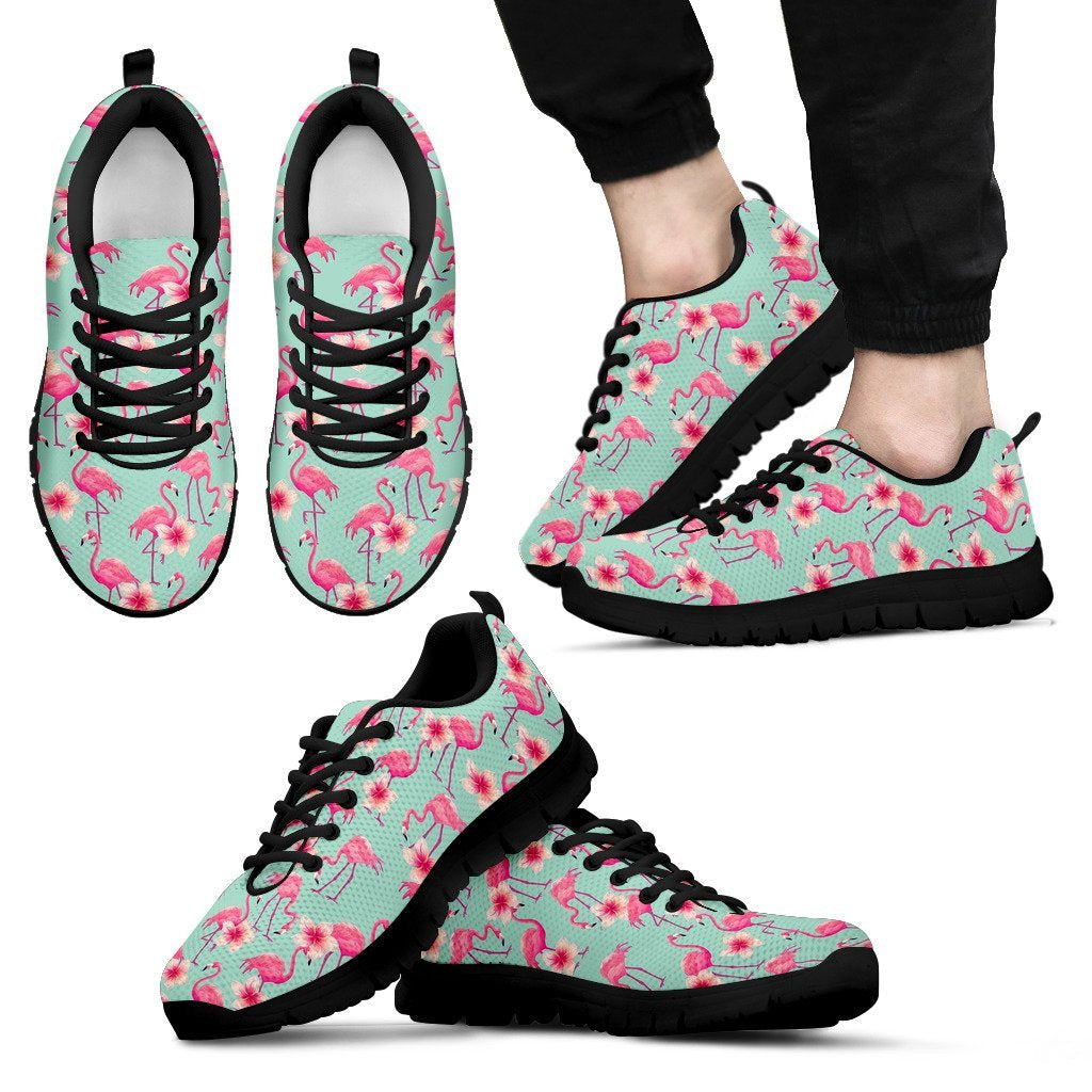 Tropical Flamingo Hibiscus Hawaiian Floral Pattern Print Black Sneaker Shoes For Men Women-grizzshop