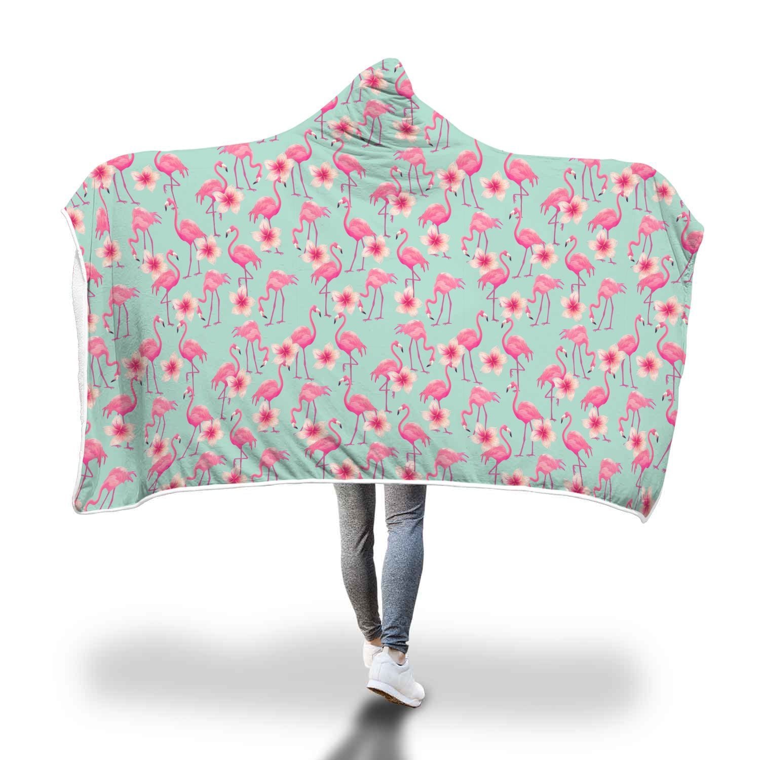 Tropical Flamingo Hibiscus Hawaiian Floral Pattern Print Hooded Blanket-grizzshop