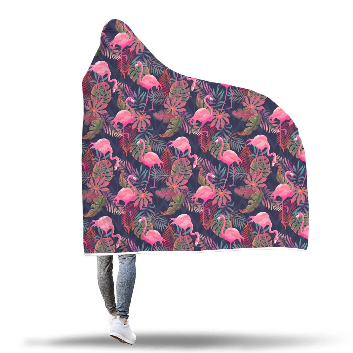 Tropical Flamingo Palm Leaves Hawaiian Floral Pattern Print Hooded Blanket-grizzshop