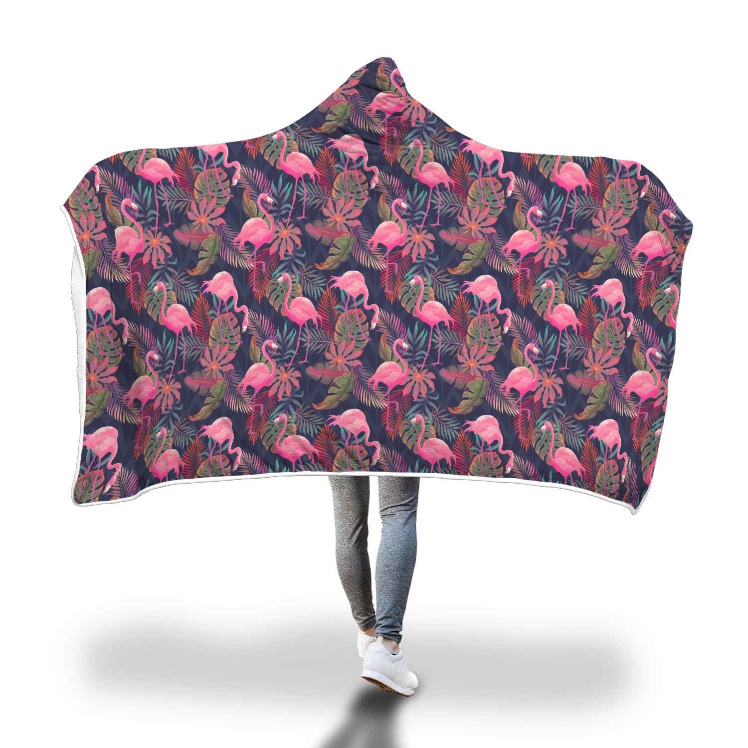 Tropical Flamingo Palm Leaves Hawaiian Floral Pattern Print Hooded Blanket-grizzshop
