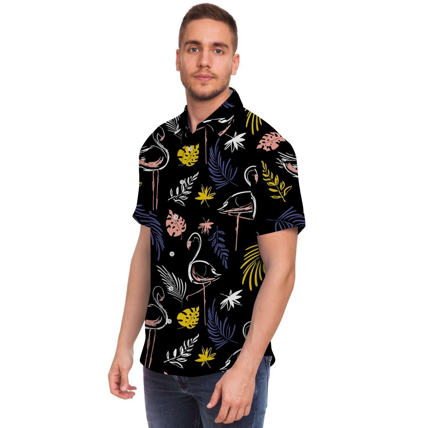 Tropical Flamingo Print Men's Short Sleeve Shirt-grizzshop