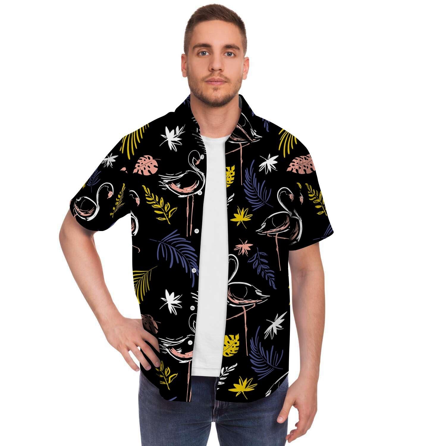 Tropical Flamingo Print Men's Short Sleeve Shirt-grizzshop