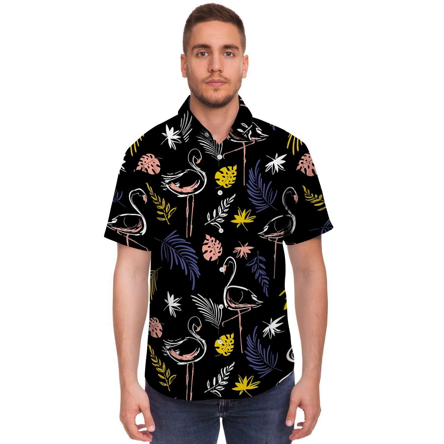Tropical Flamingo Print Men's Short Sleeve Shirt-grizzshop