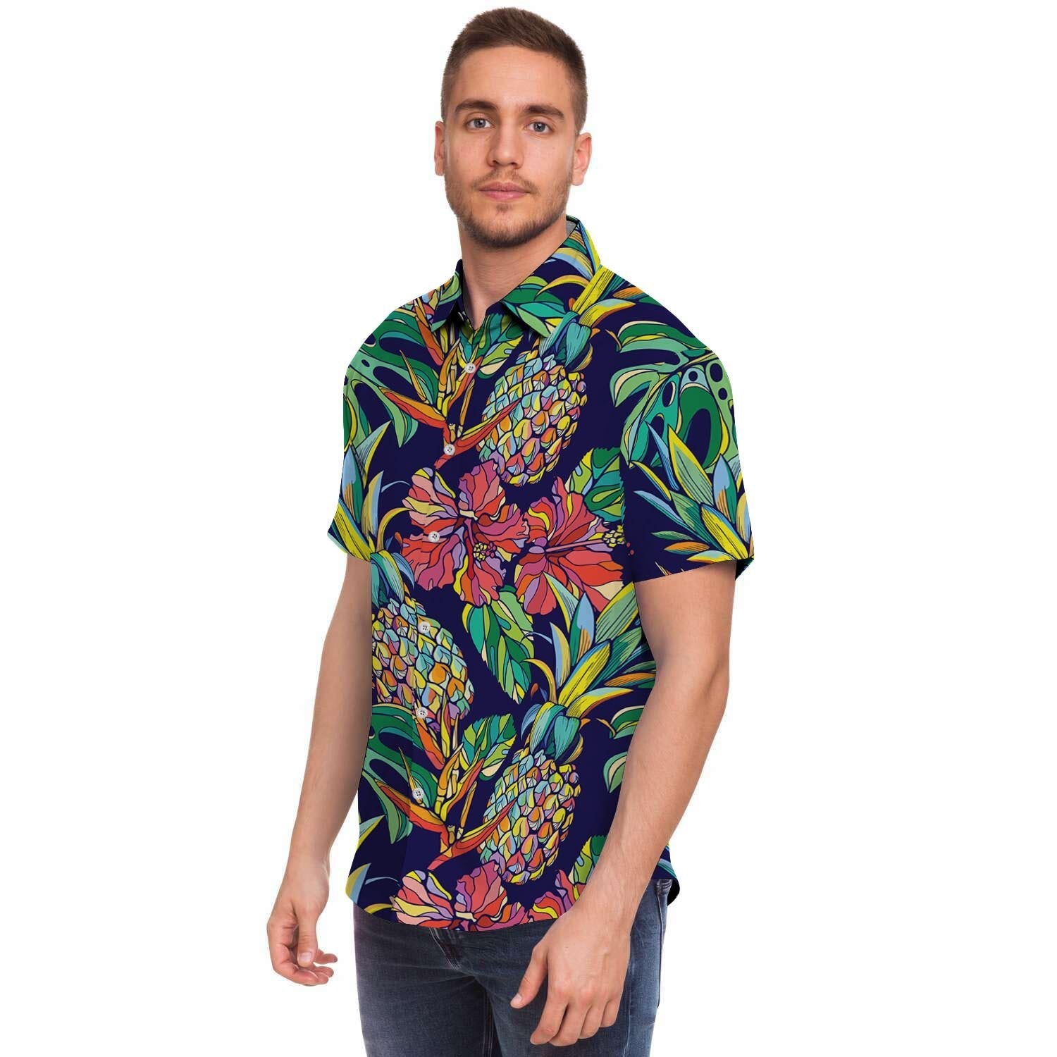 Tropical Floral Pineapple Print Men's Short Sleeve Shirt-grizzshop