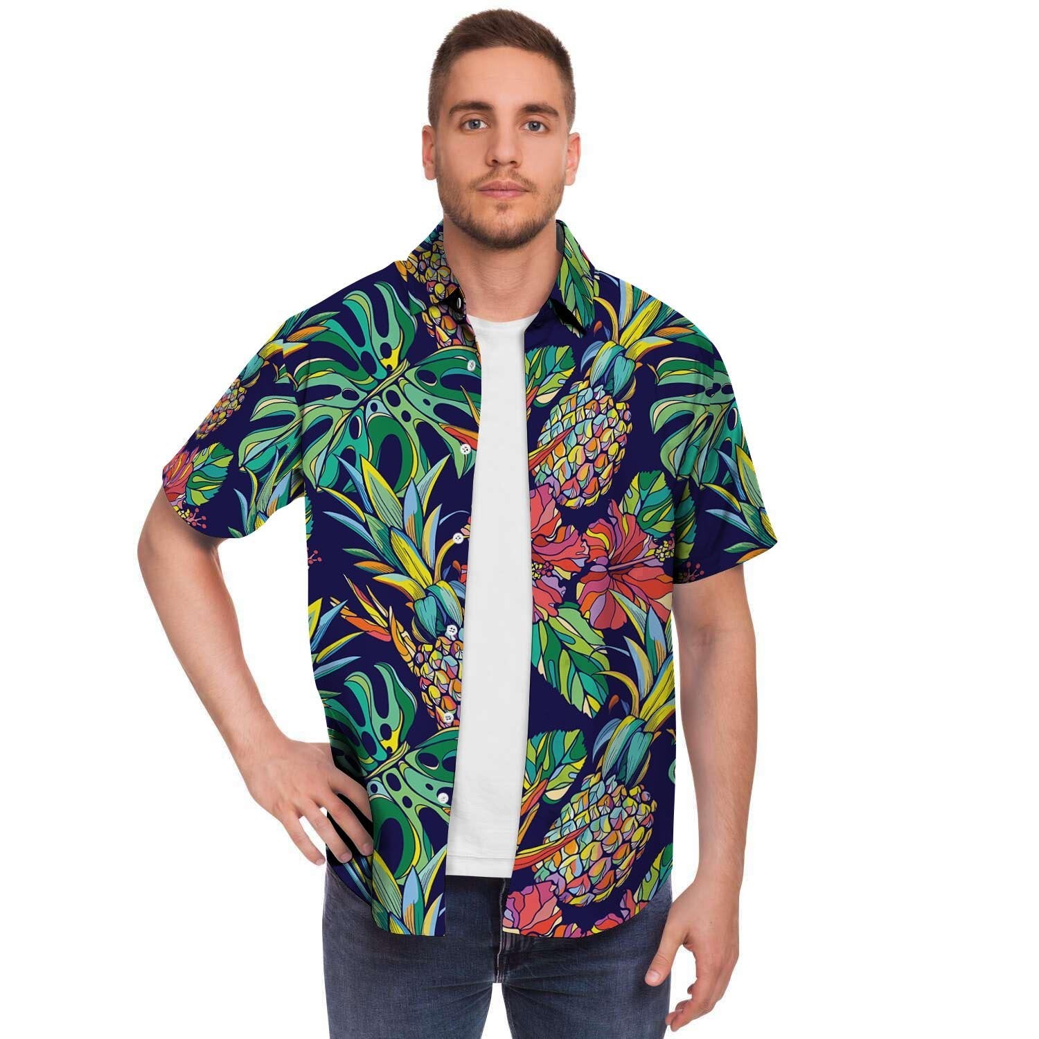 Tropical Floral Pineapple Print Men's Short Sleeve Shirt-grizzshop