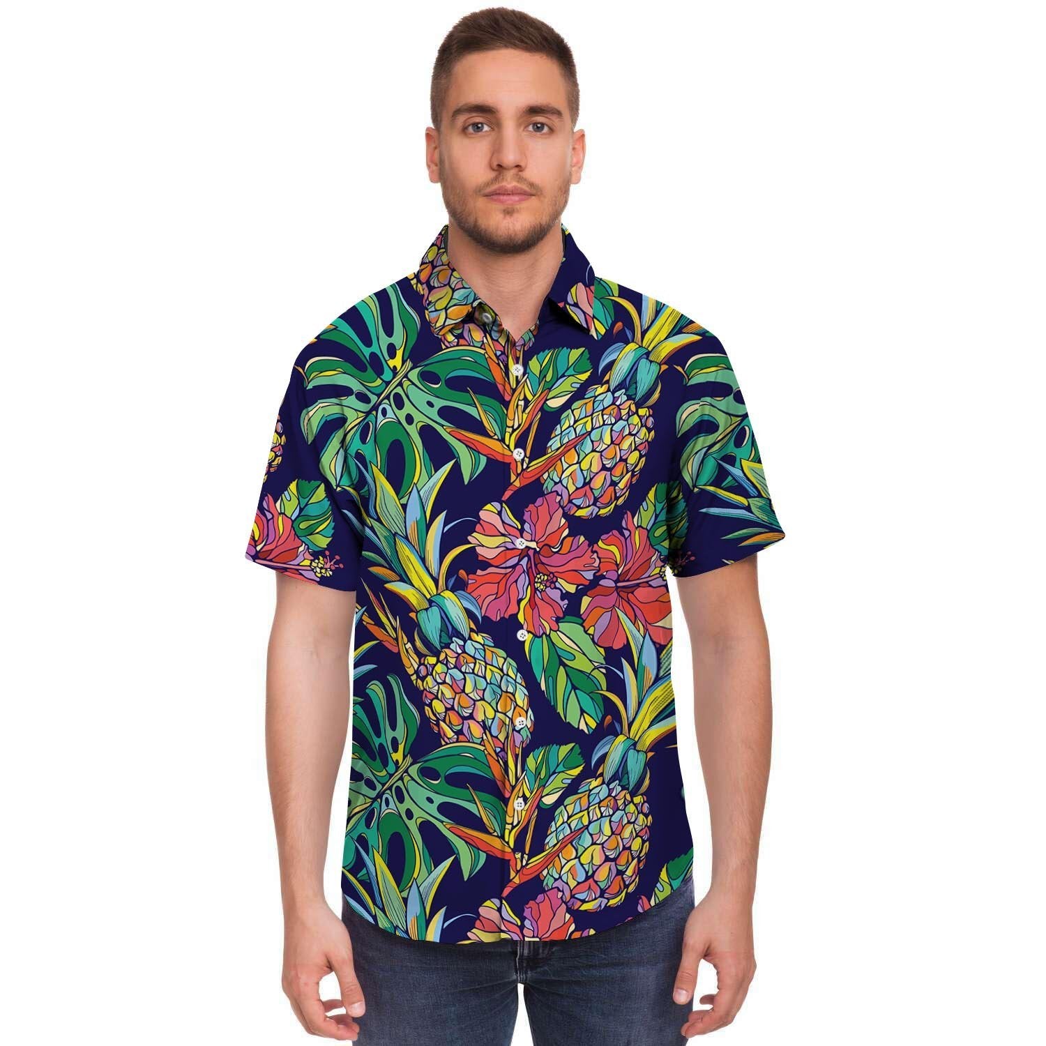 Tropical Floral Pineapple Print Men's Short Sleeve Shirt-grizzshop