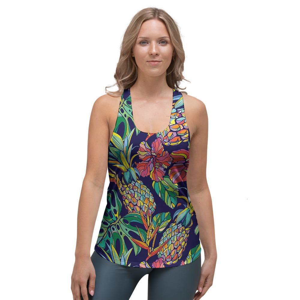 Tropical Floral Pineapple Print Women's Racerback Tank Top-grizzshop