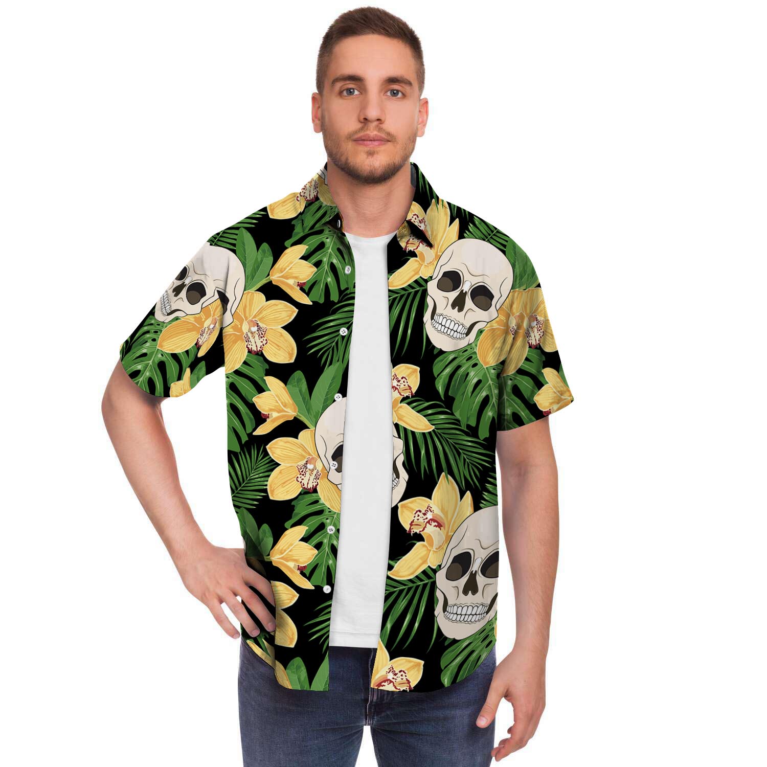 Tropical Floral Skull Men's Short Sleeve Shirt-grizzshop