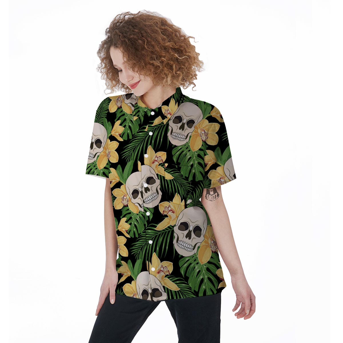 Tropical Floral Skull Women's Short Sleeve Shirts-grizzshop