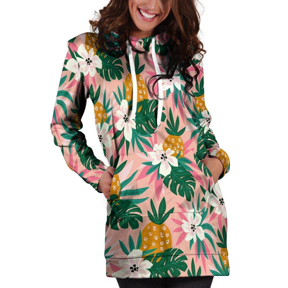 Tropical Flower Hawaiian Pineapple Print Hoodie Dress-grizzshop