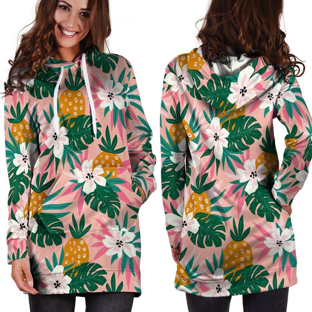 Tropical Flower Hawaiian Pineapple Print Hoodie Dress-grizzshop