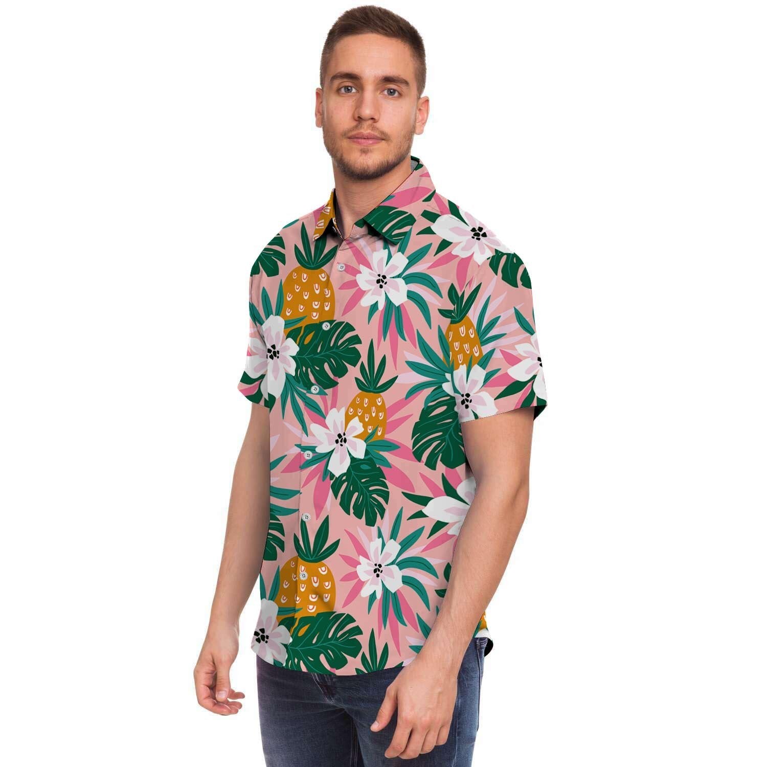 Tropical Flower Hawaiian Pineapple Print Men's Short Sleeve Shirt-grizzshop